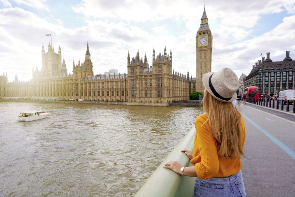 Tourism in London. Back view of traveler girl enjoying sight of Westminster palace and bridge on Thames with famous Big Ben tower in London, UK.